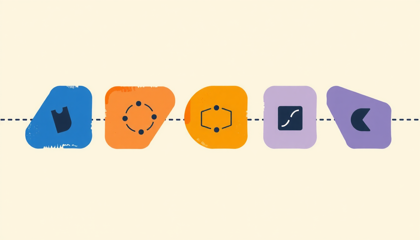 Five pastel geometric app icons in an arc with flashcard symbols.