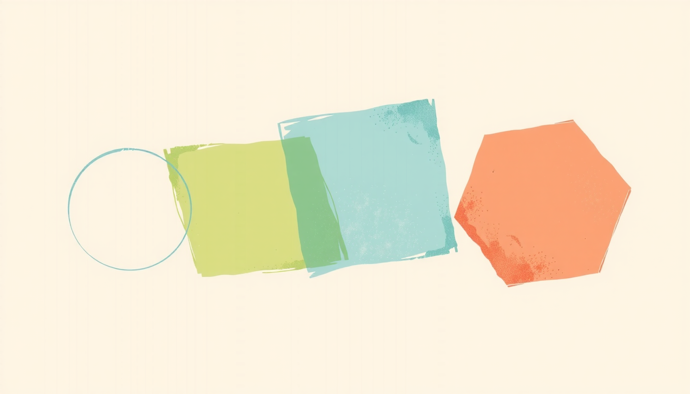 Overlapping translucent cards with geometric shapes in pastel colors.