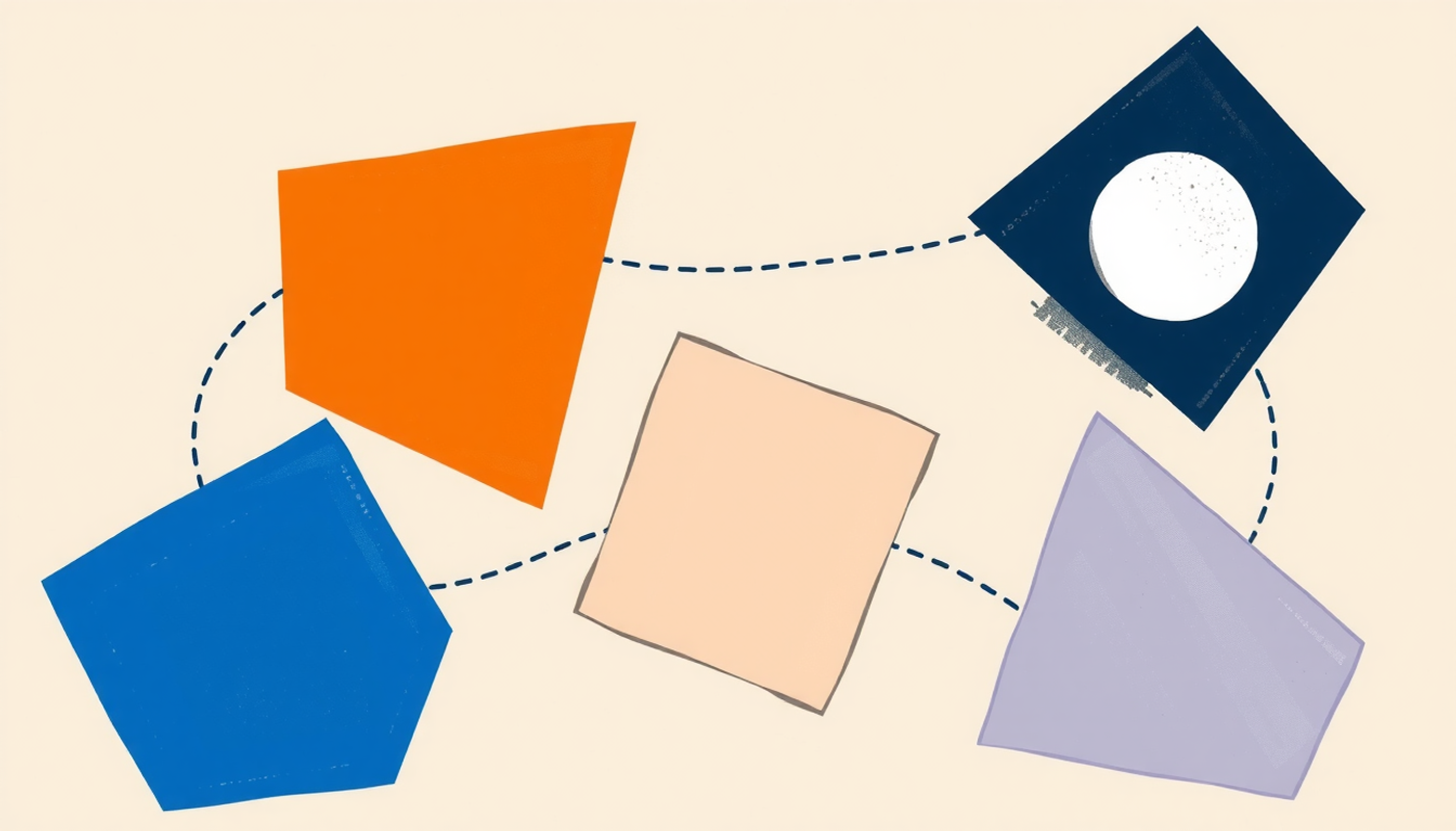 Five pastel geometric shapes in an arc with connecting lines.