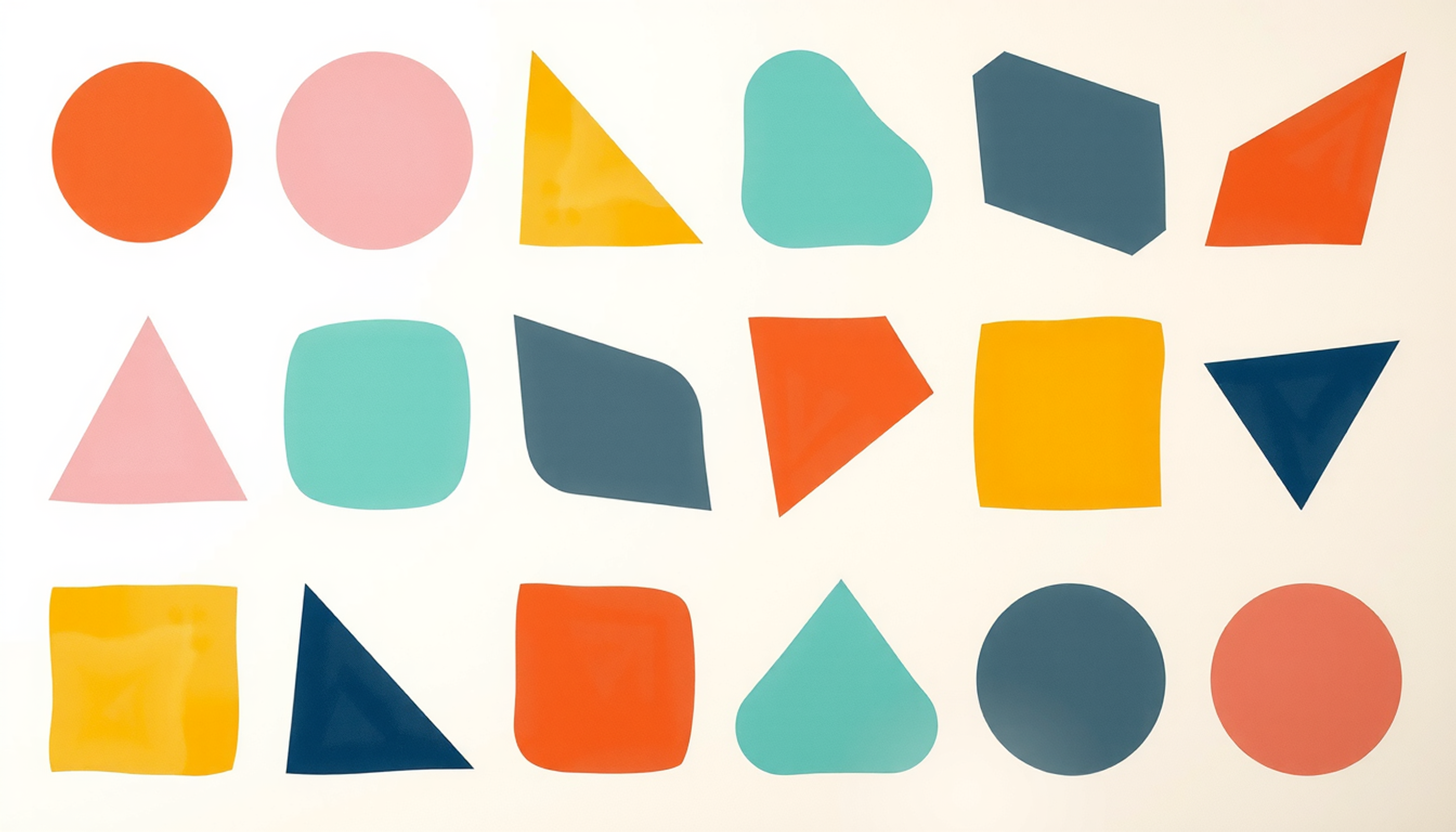 Twelve abstract geometric shapes in soft colors arranged in a grid.