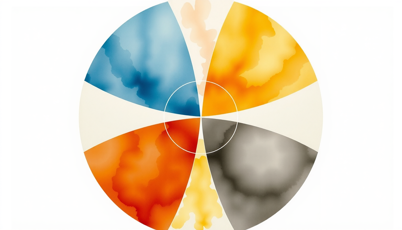 Abstract geometric composition with soft watercolour wedges in muted colors.