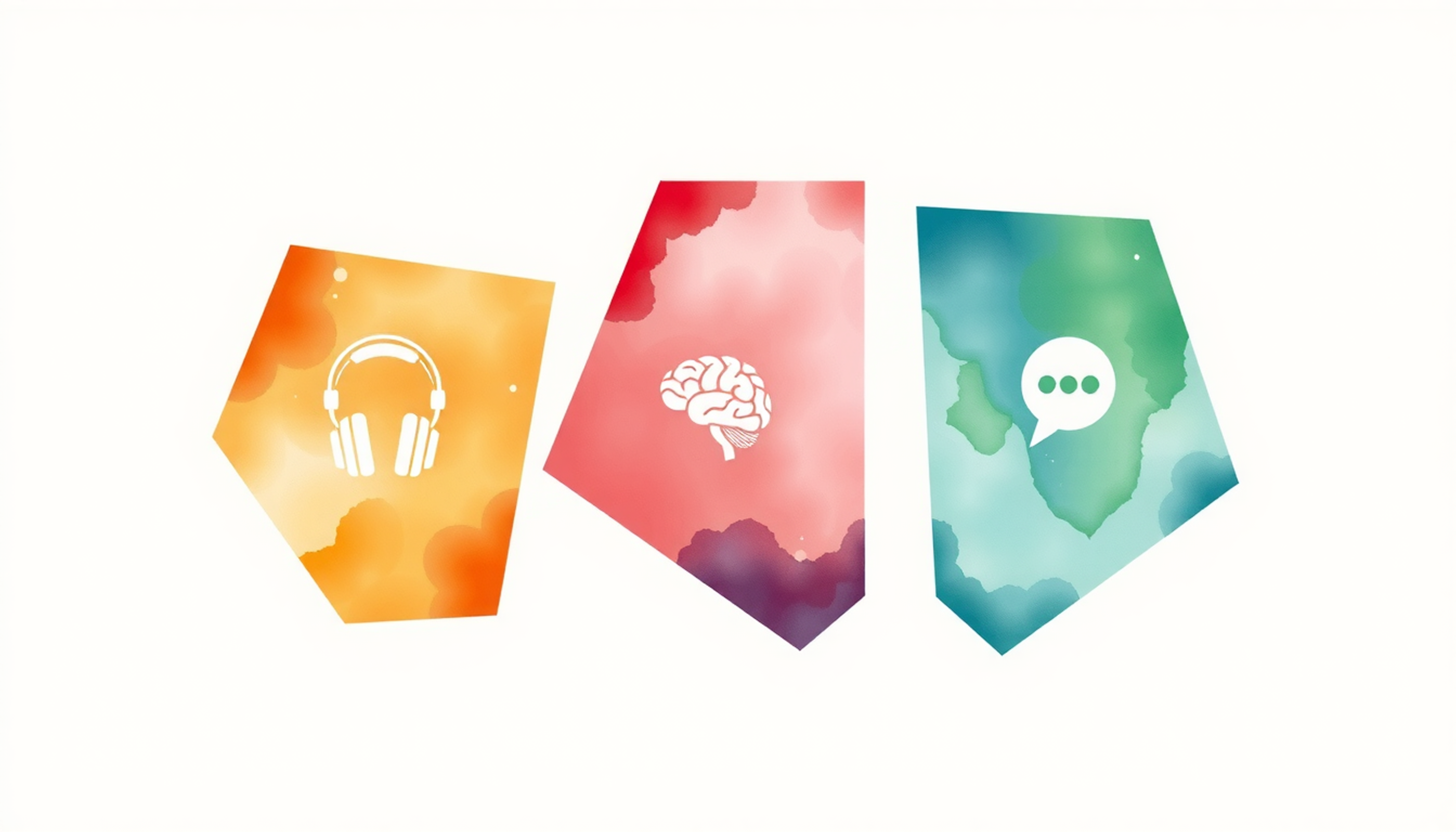 Five colorful geometric shapes with learning icons on a white background.