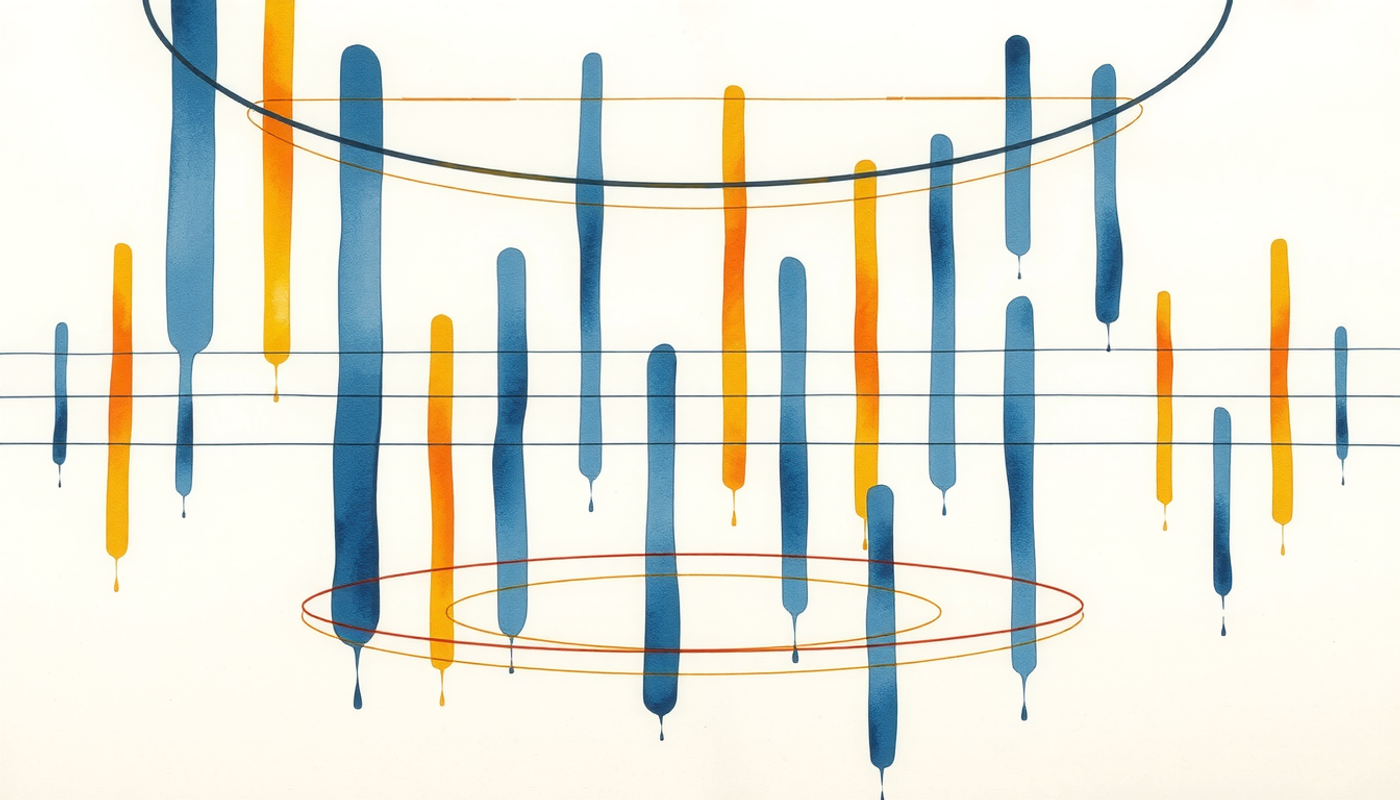 Abstract lattice of glowing bars in rotating columns on dark background.