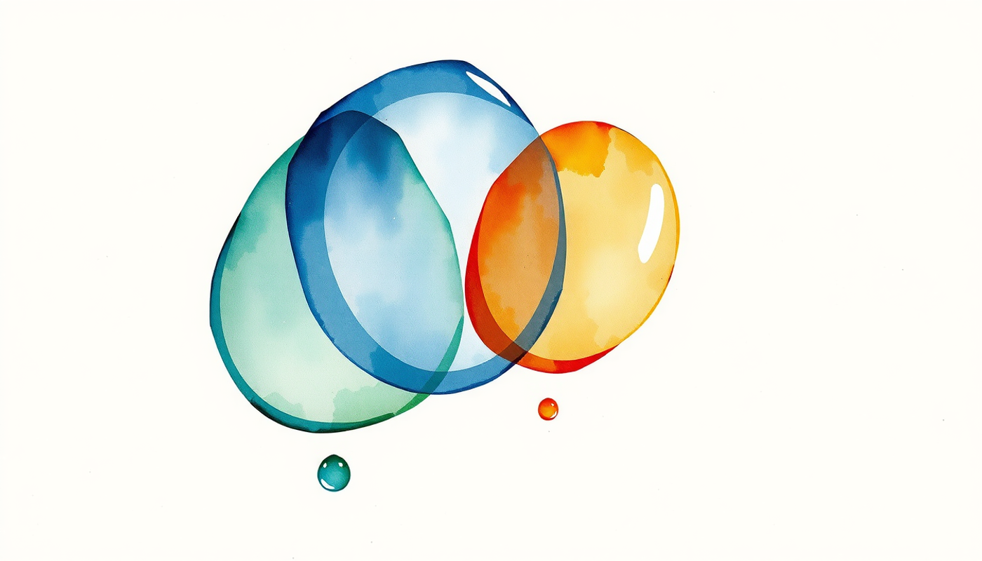 Translucent glass forms glowing in blue, amber, and green light.