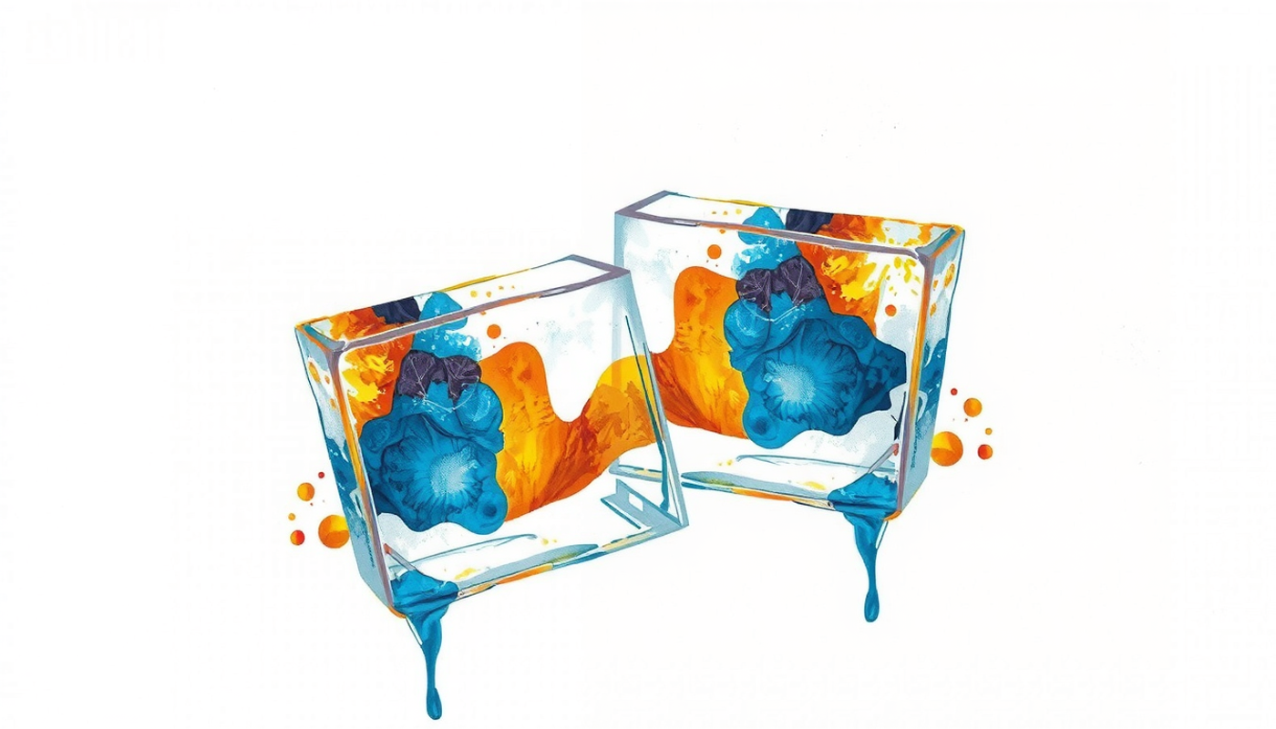 Overlapping glass panes with indigo and amber patterns on cream background.