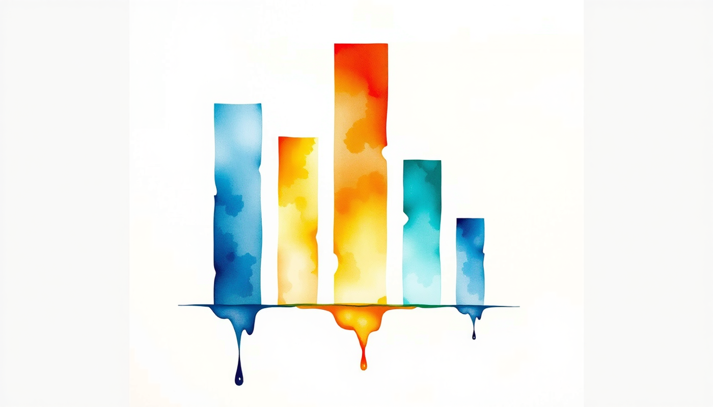 Translucent colored columns of varying heights glowing softly on a reflective surface.