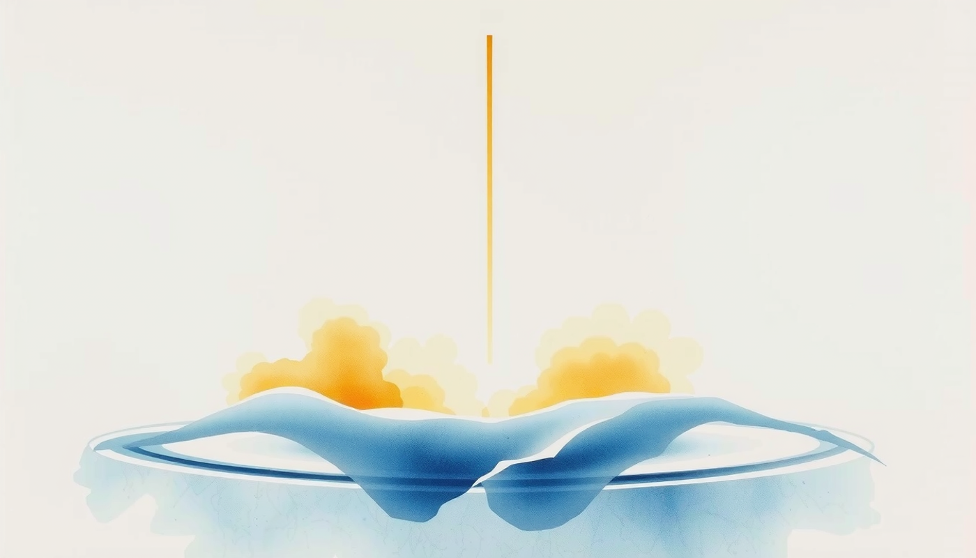 Softly glowing vertical light column surrounded by darkness and golden rings.