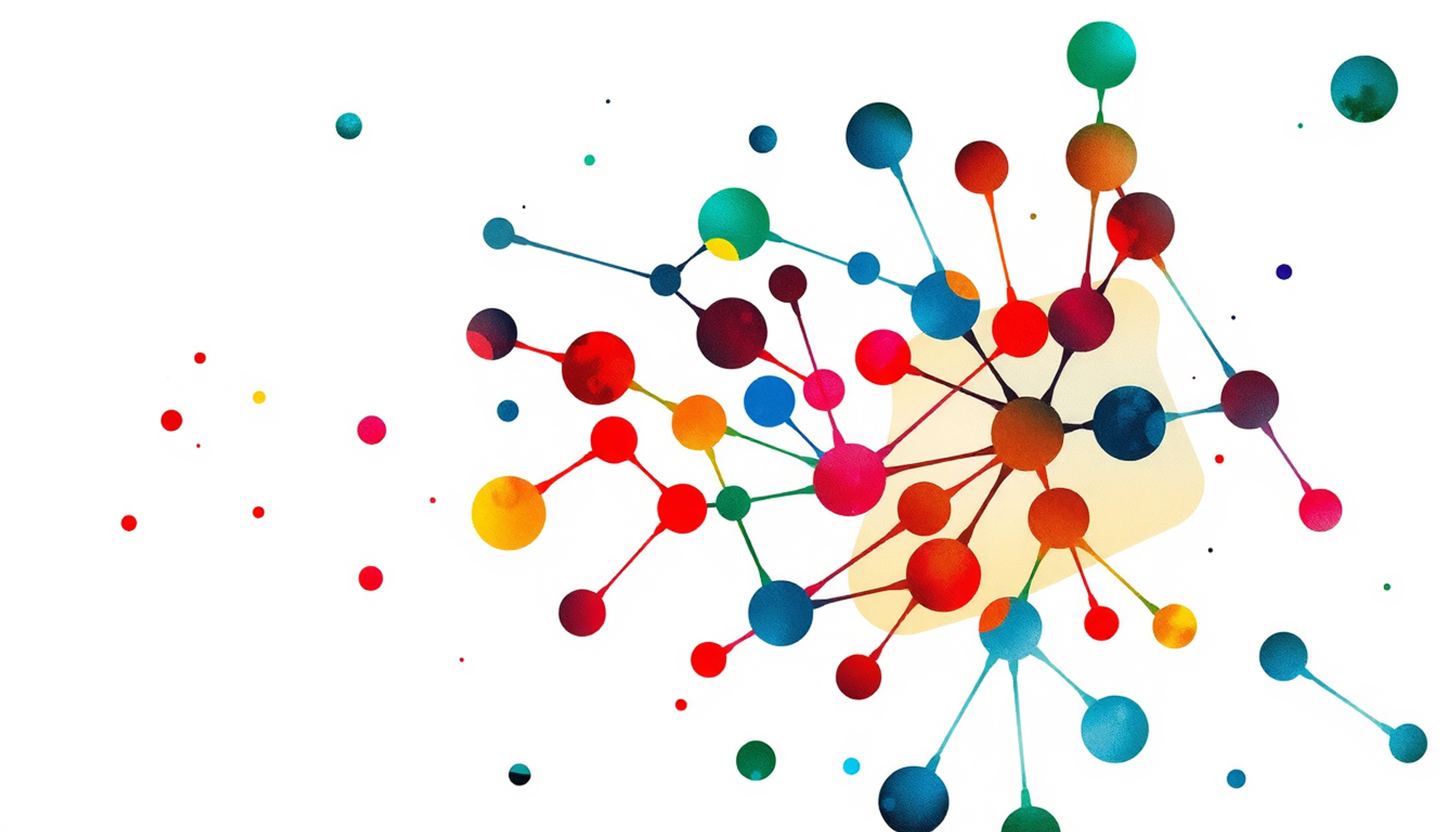Abstract neural network diagram with glowing nodes in vibrant colors.