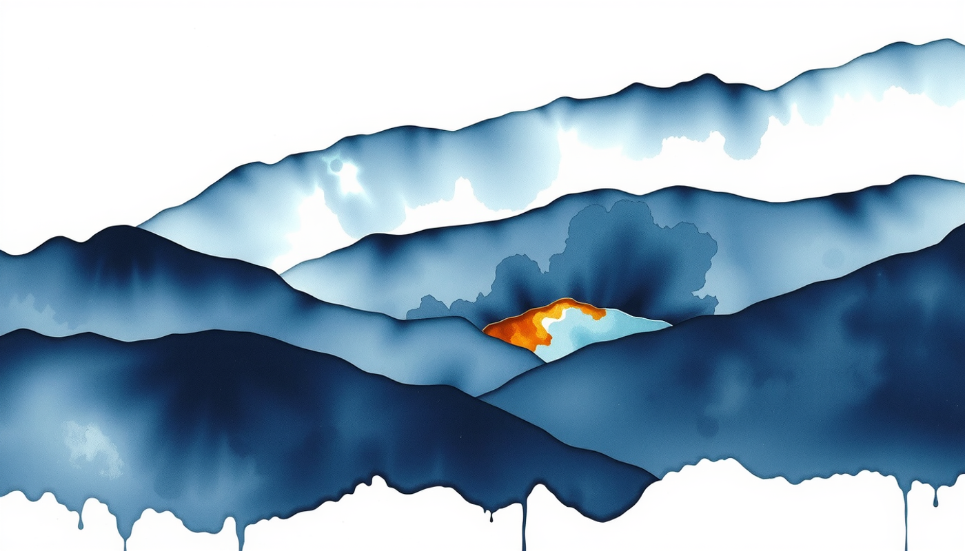 Vast dark valley with glowing gold center amidst deep blue terrain.