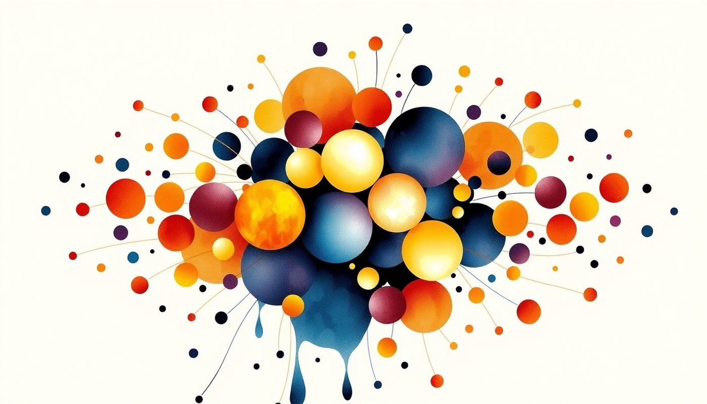 Abstract glowing dots in indigo violet and amber on black.