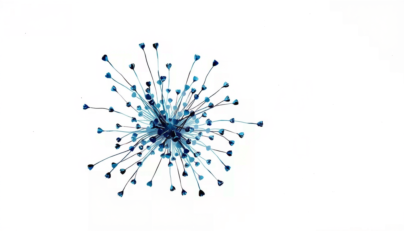 Glowing indigo web with floating nodes and simplified lines.