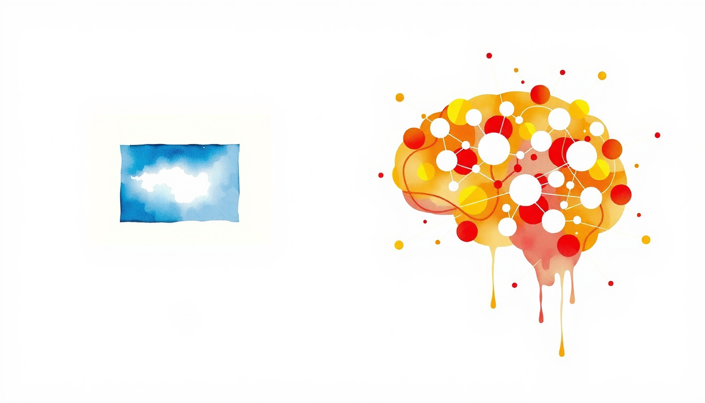 Contrasting abstract interfaces: flat blue light vs. complex golden nodes.