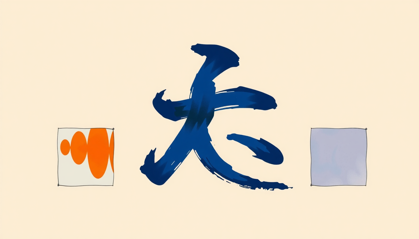 Single kanji character splitting into four glowing shapes on ivory background.