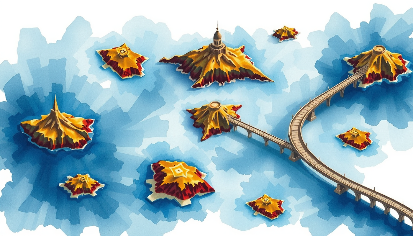 Bird's-eye view of interconnected knowledge islands in varying illumination.