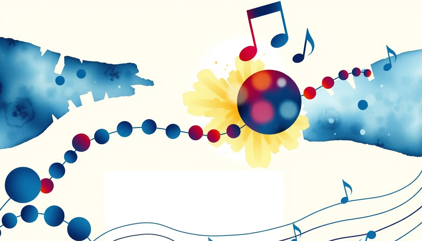 Abstract timeline of life experiences with spheres and flowing river.