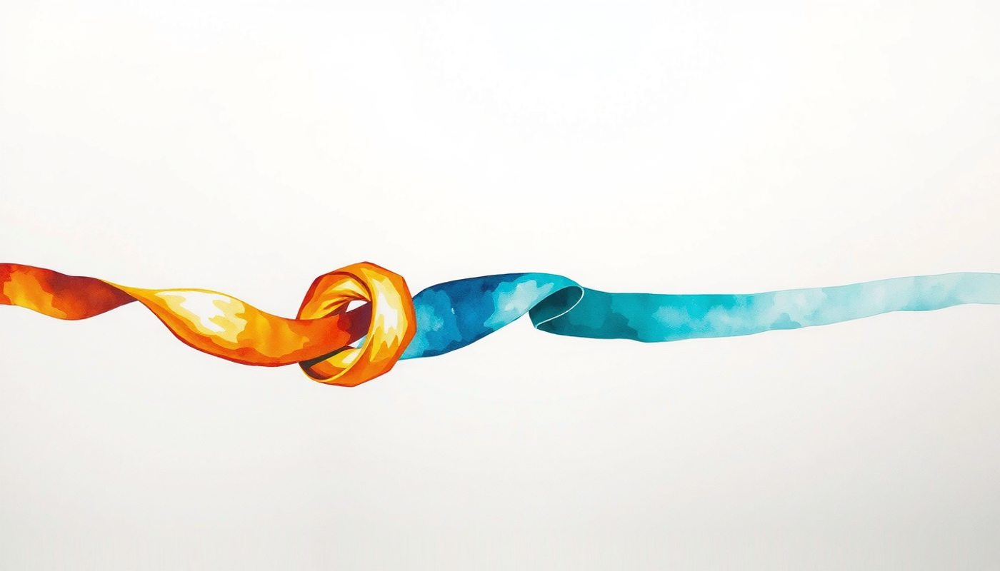 Tangled ribbons of light unwinding into parallel bands on indigo background.
