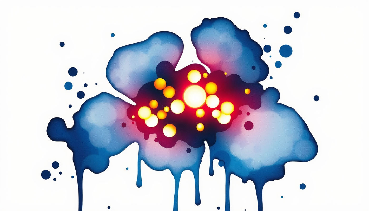 Soft colored light blooms from glowing points in dark fluid.