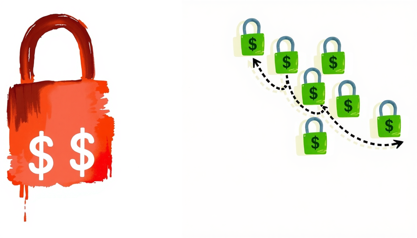 Large muted red padlock with dollar signs and floating green unlocked padlocks.