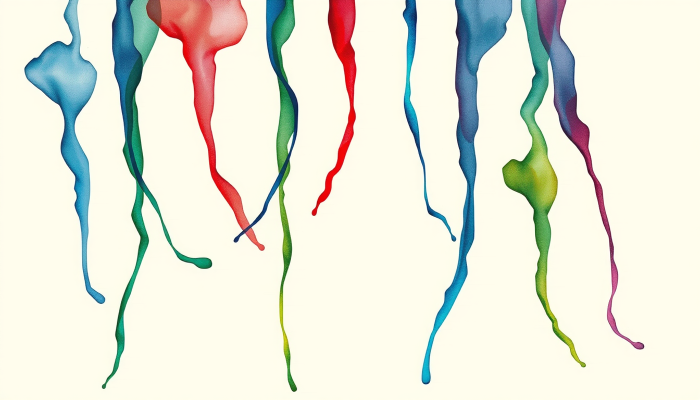 Eight vibrant threads pulsing in dark space, intertwining and glowing.