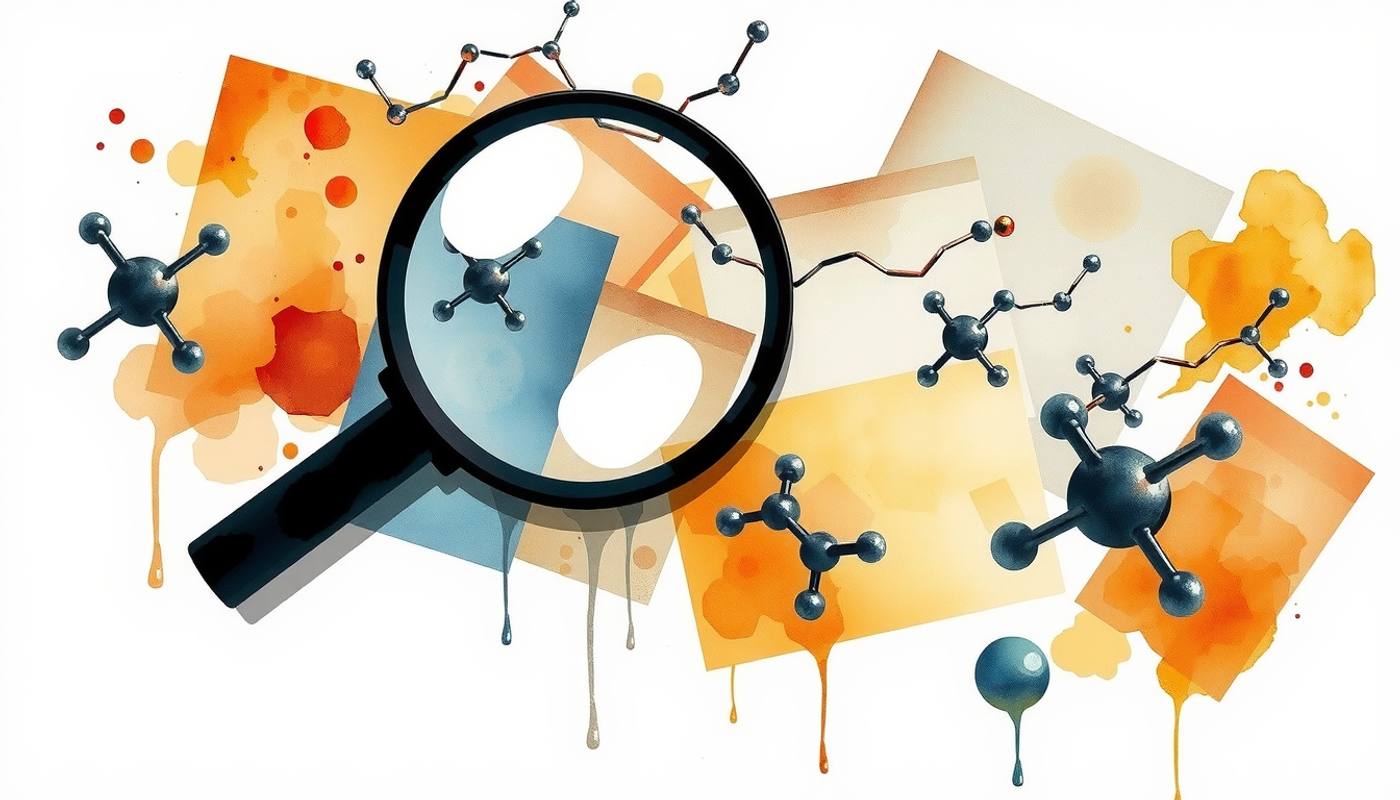 Magnifying glass over research papers and molecular models, blending focus and blur.