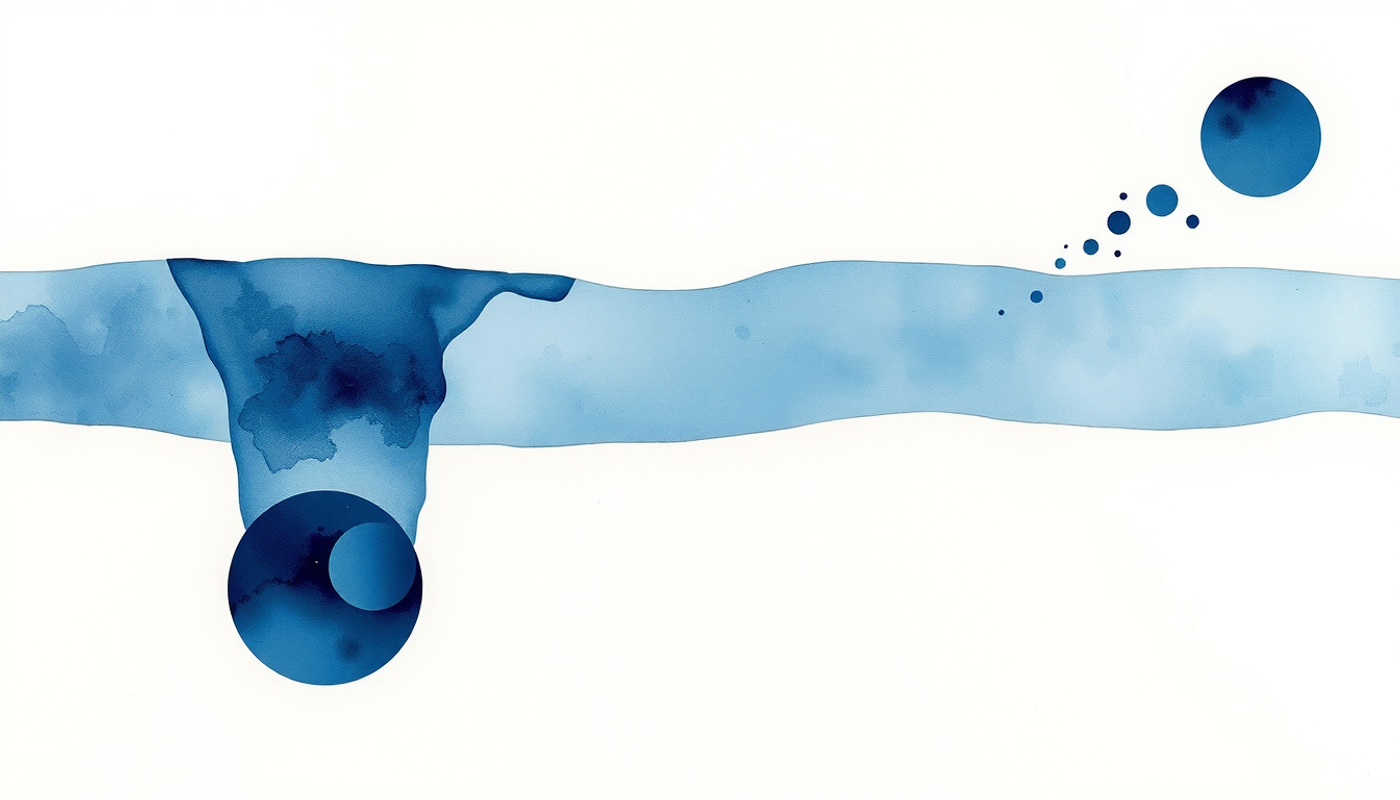Translucent indigo membrane with drifting cyan spheres in dark space.