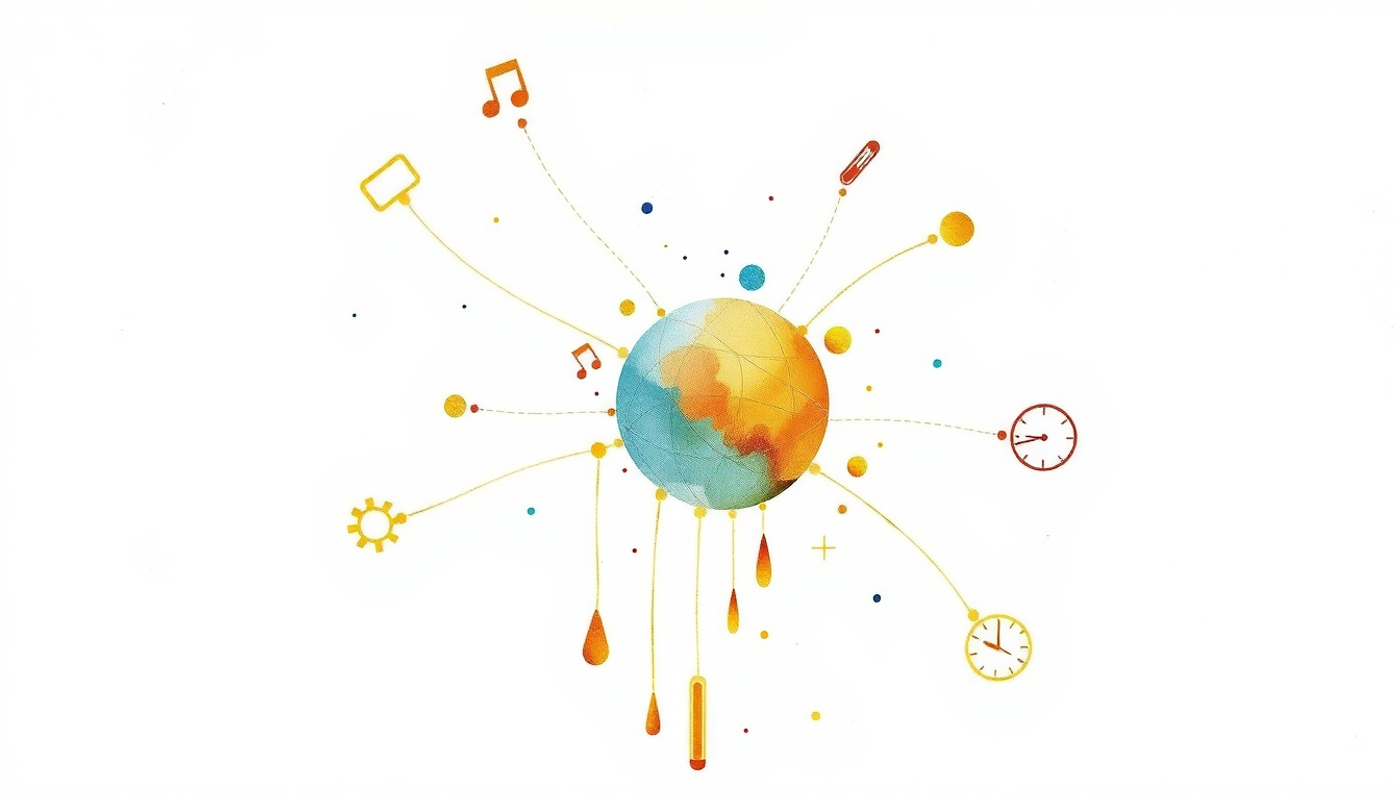 Glowing memory sphere with threads connecting contextual icons.