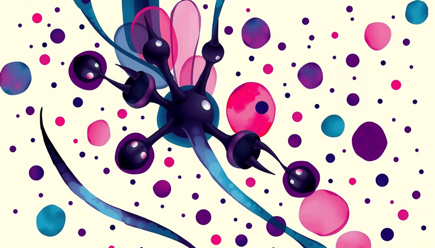 Abstract synapse view with colorful light particles and molecular cascades.