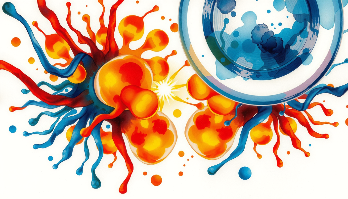 Abstract battle between glowing amber and blue neural nodes.