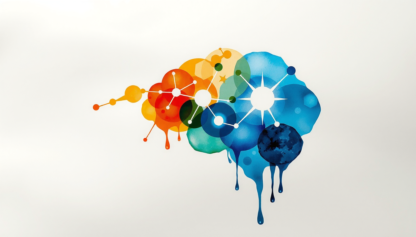 Abstract neural network with glowing regions for memory, present, and imagination.