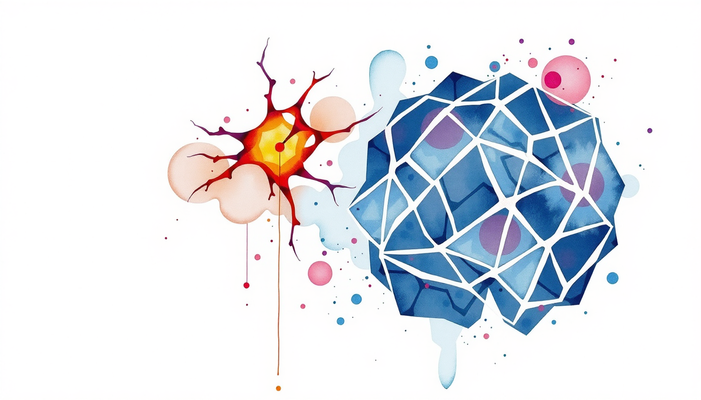 Translucent neural lattices in indigo and violet converging at amber node.