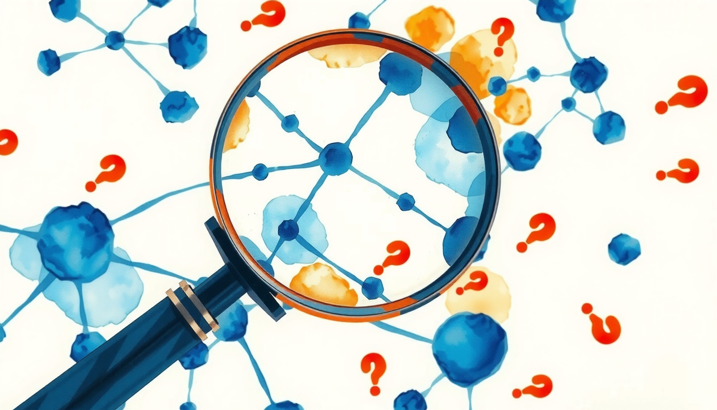 Magnifying glass exploring a neural network with fading pathways.