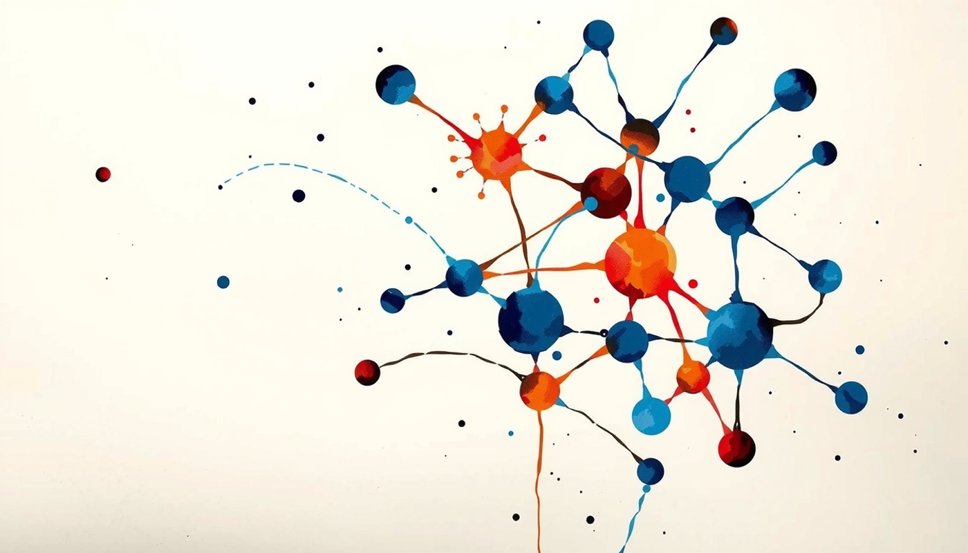 Abstract neural network with luminous nodes in warm amber and cool blue.