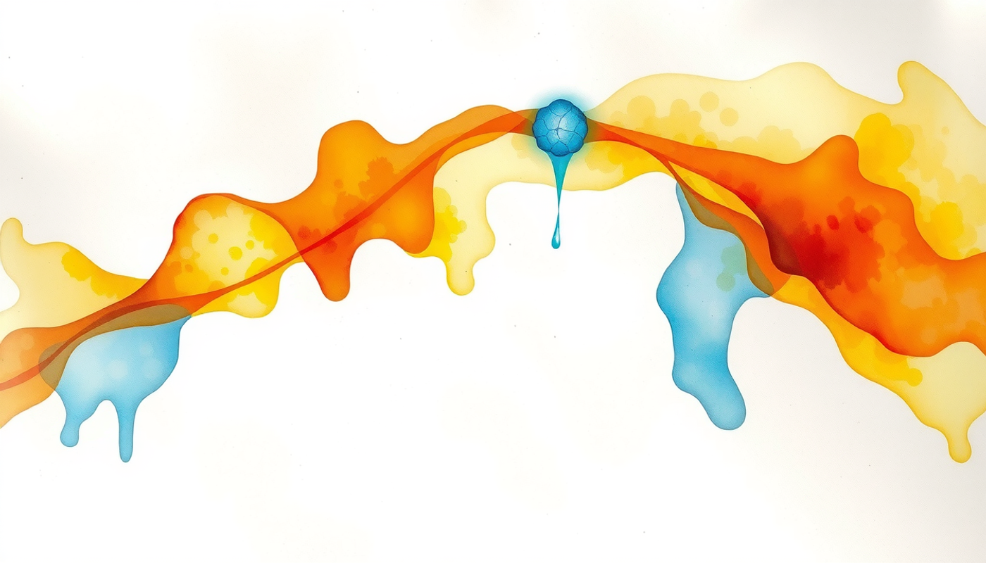 Diverging glowing pathways in amber and blue on charcoal background.