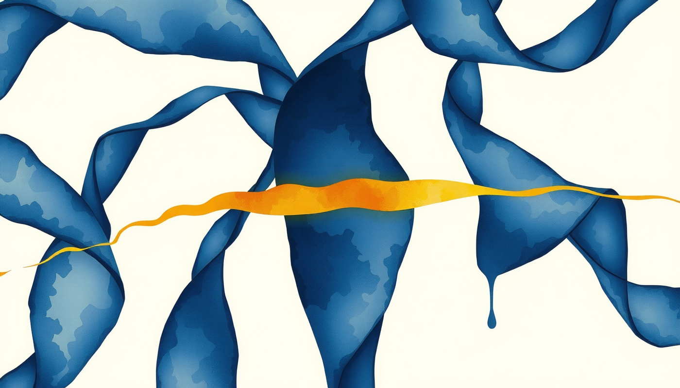 Luminous neural architecture with glowing gold ribbon in dark space.