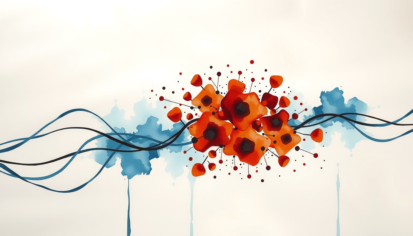 Pulsing red-orange nodes in a blue field with ripple effects.