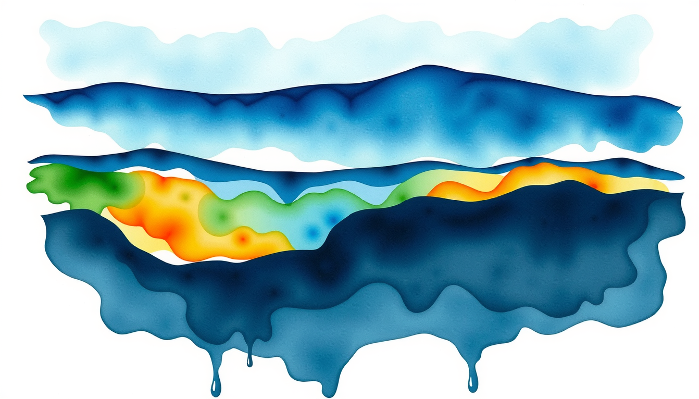 Abstract geological cross-section showing layers of water depth with glowing memory traces.