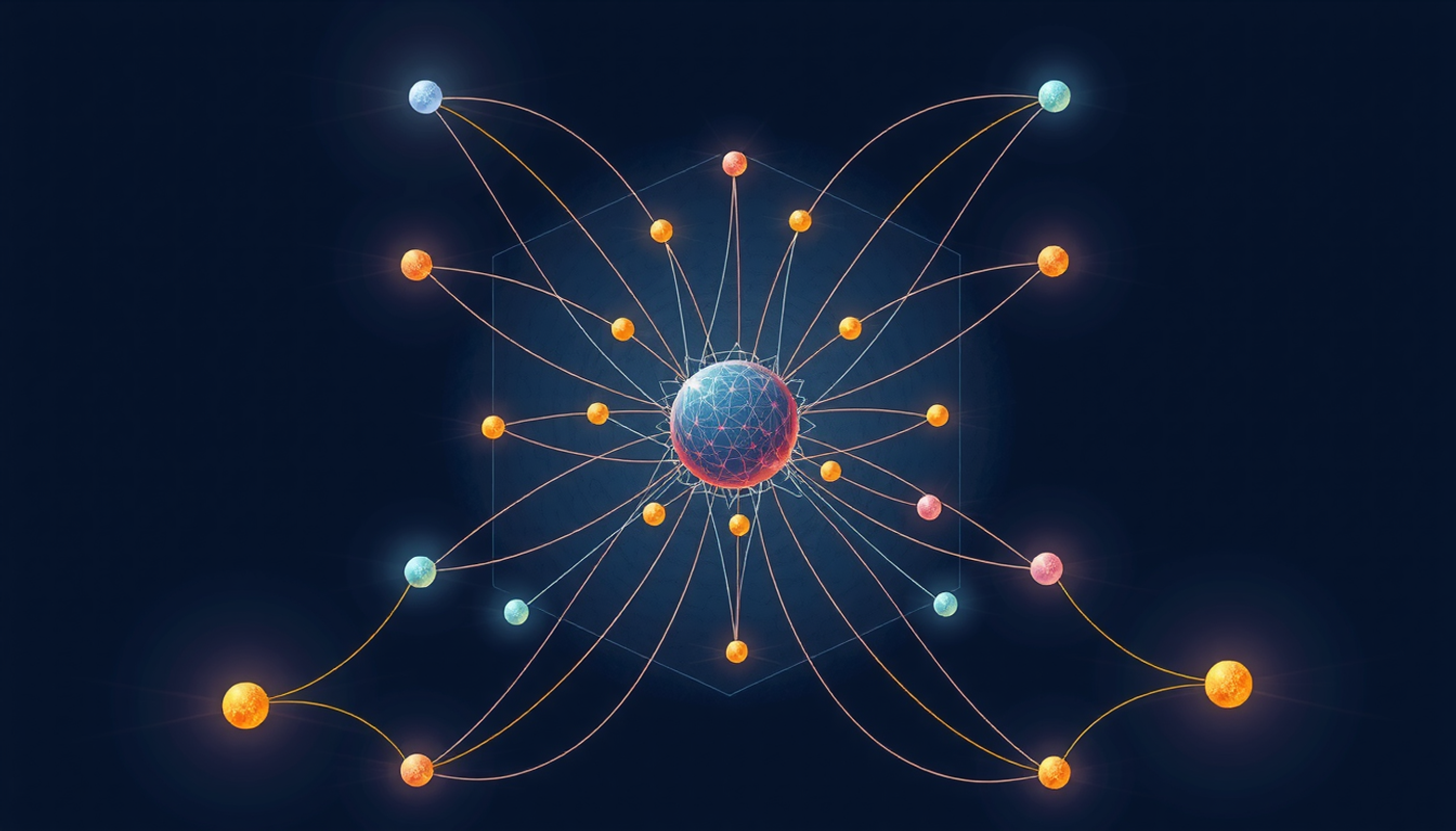 Glowing central node with colorful threads on a dark background.