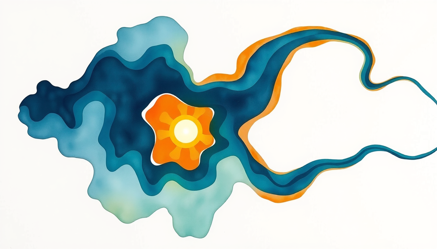 Abstract visualization of two competing algorithms as flowing river systems.