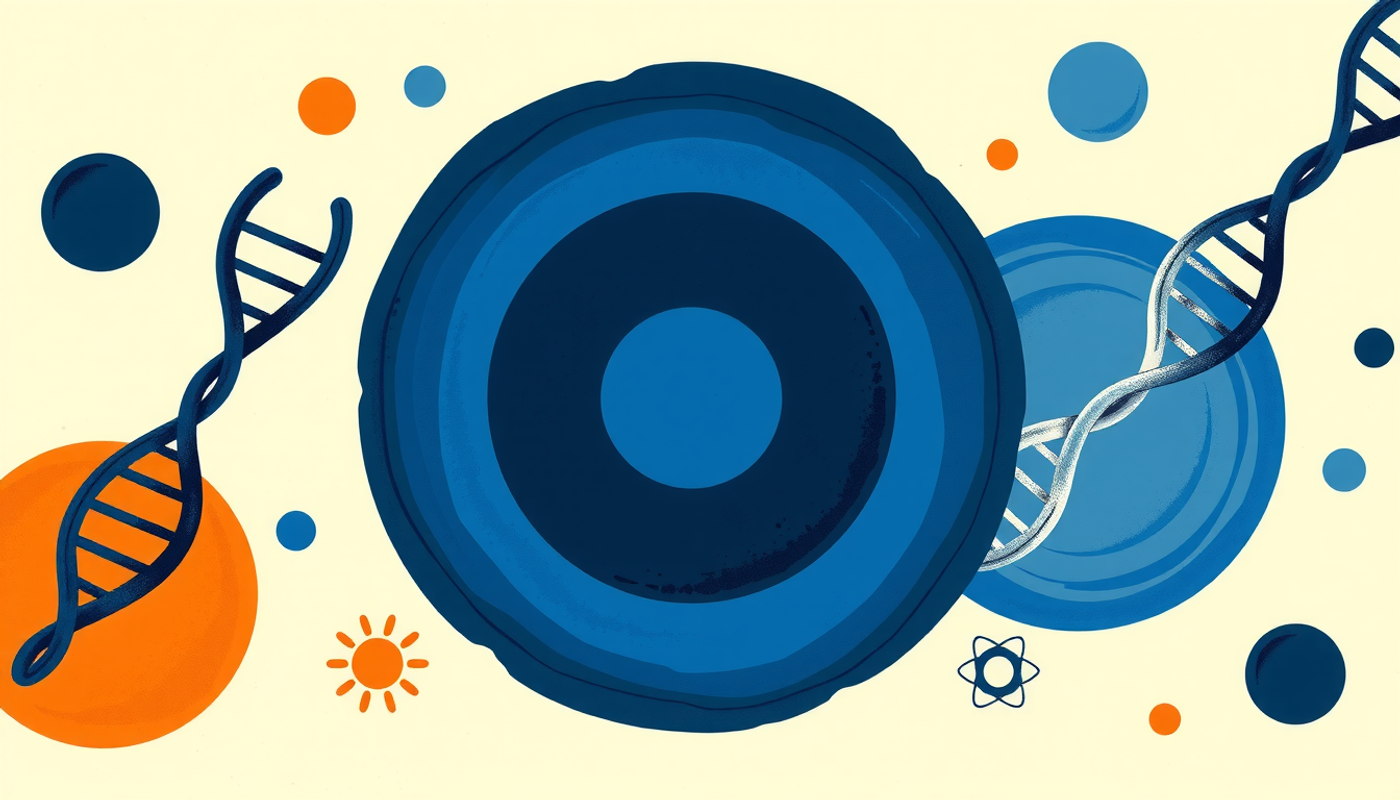 Abstract diagram of three concentric circles with foundational concepts and molecular structures.