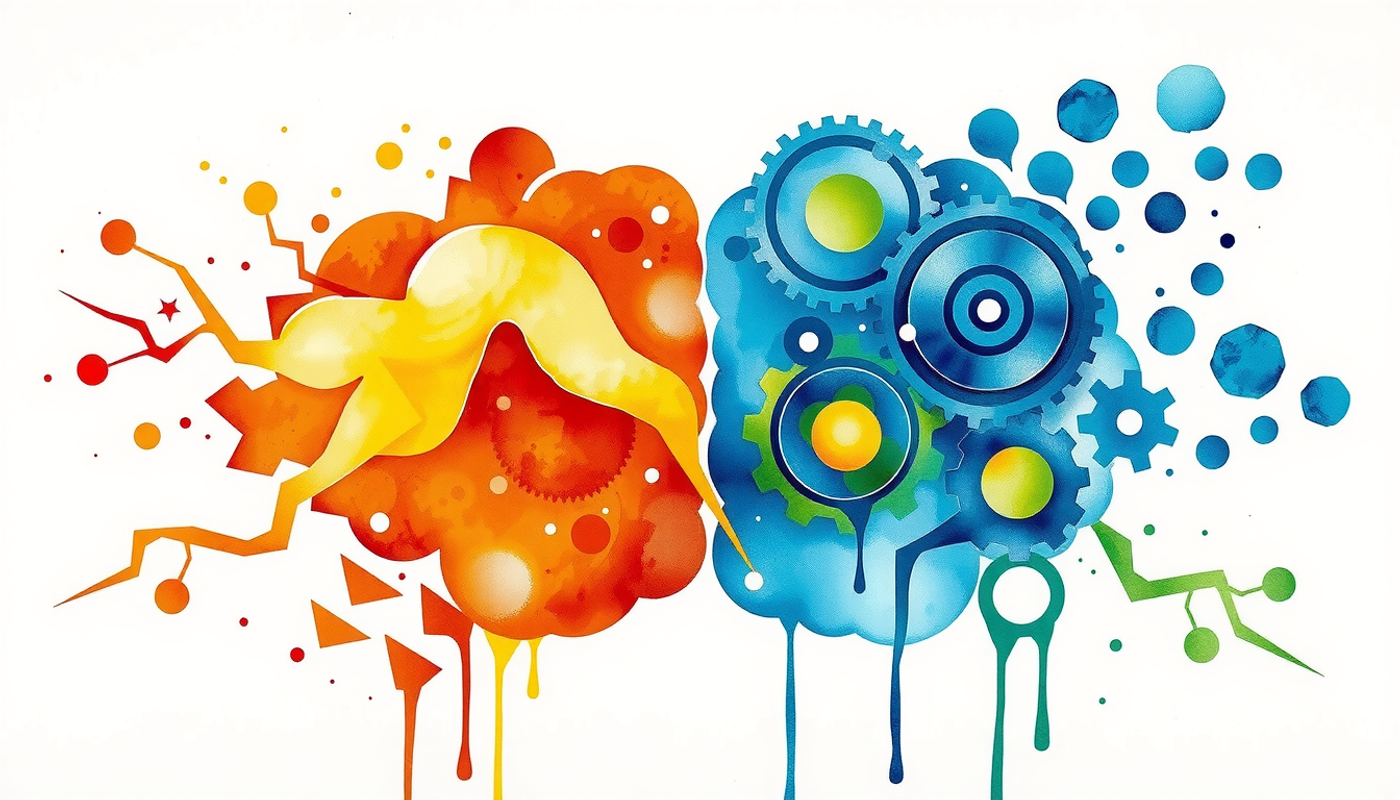 Contrasting brain hemispheres: intuitive warmth vs. analytical coolness.