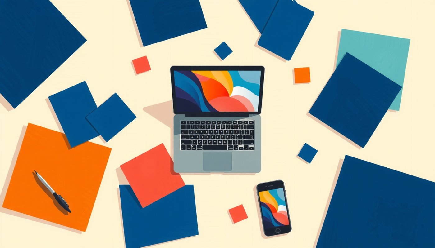 Panoramic view of a study desk with tech devices and colorful cards.