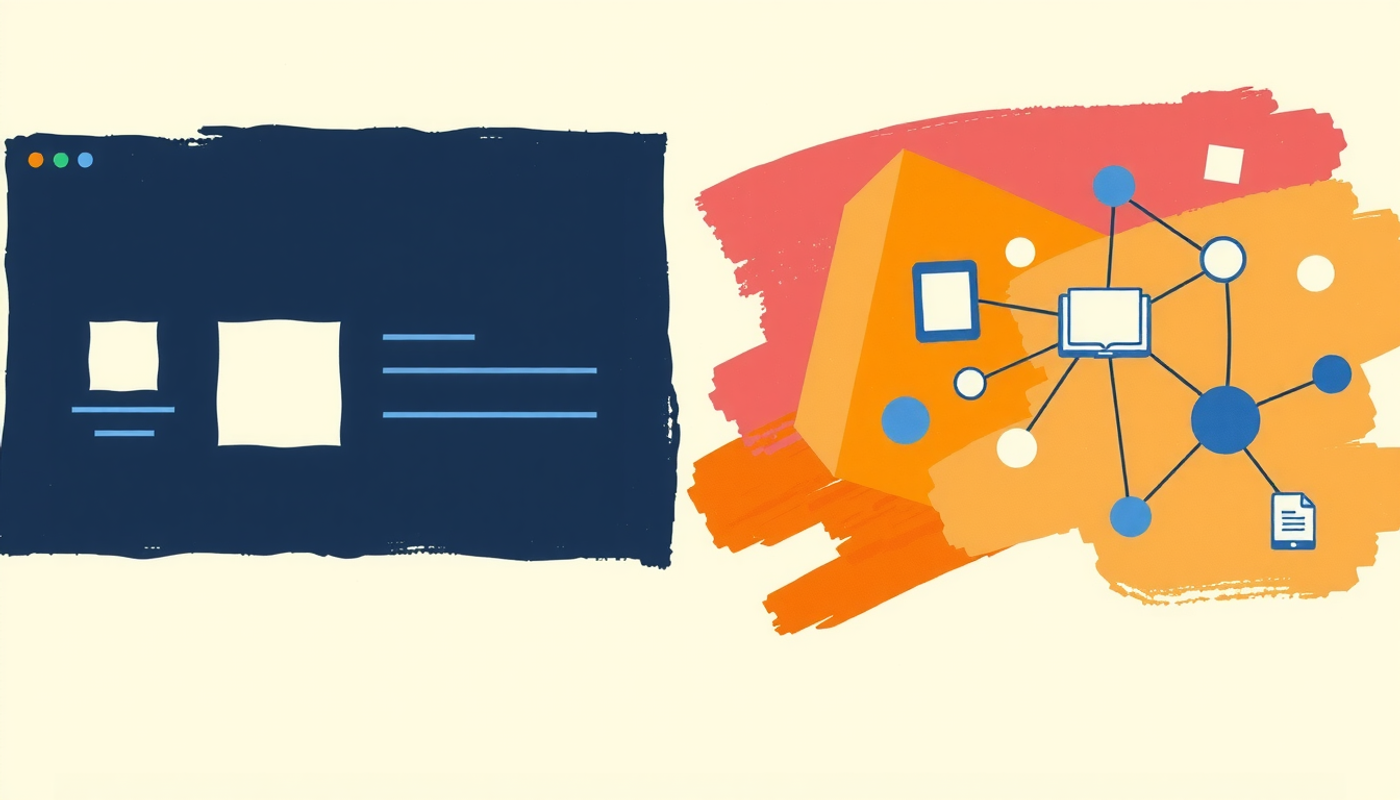 Split workspace setups: minimal dark flashcards and vibrant node graph.