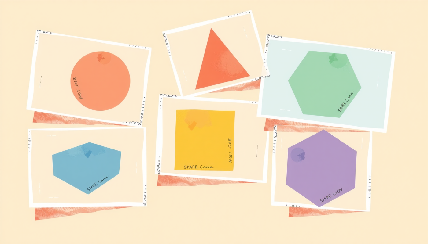 Five translucent cards with geometric shapes in soft pastels.