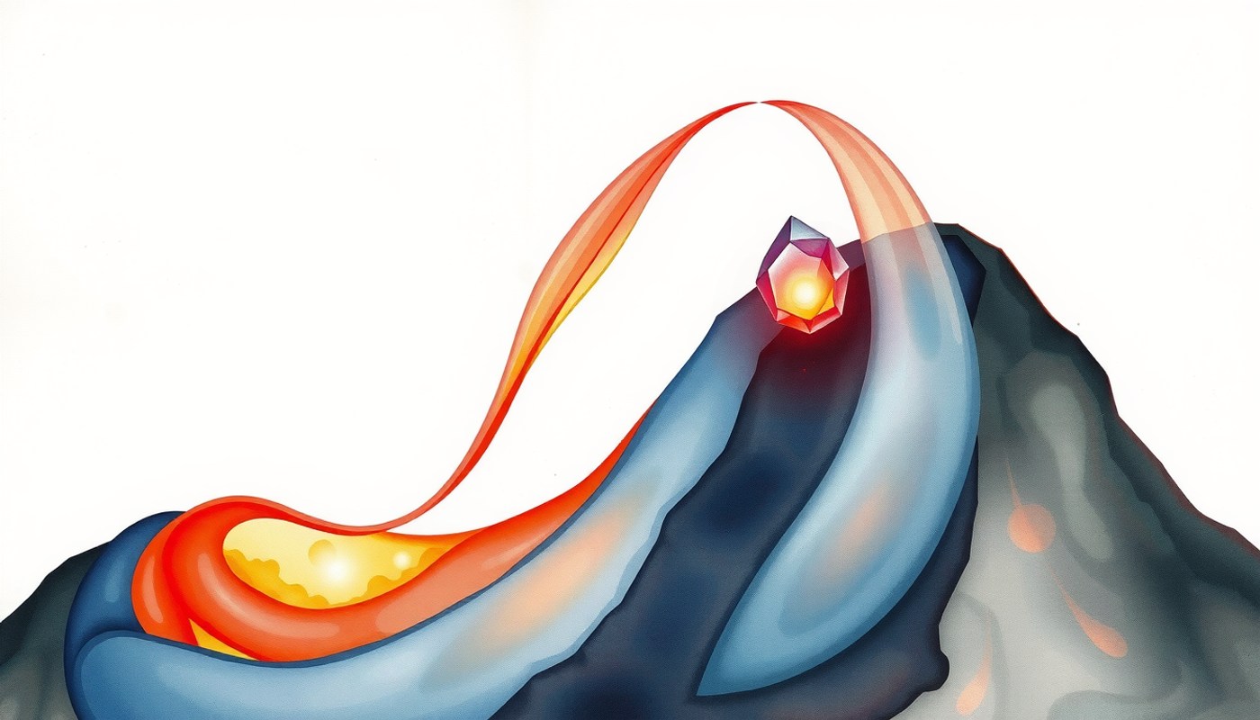 Translucent vapor ribbon splitting, one path glowing warmly, the other looping.