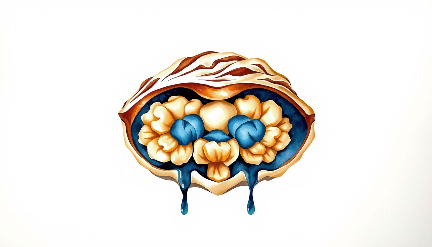 Abstract walnut shell cross section in pale white and indigo.
