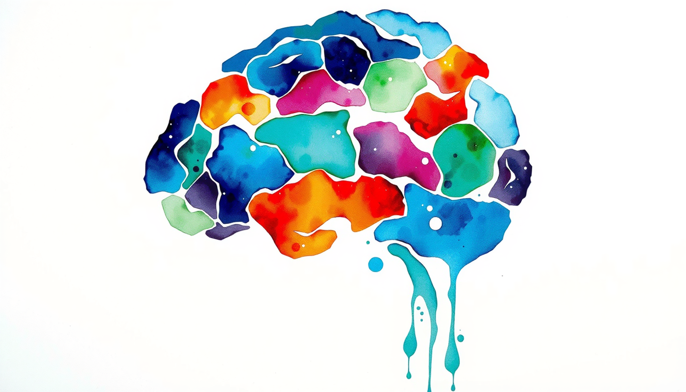 Abstract brain visualization with colorful regions and connecting fibers.
