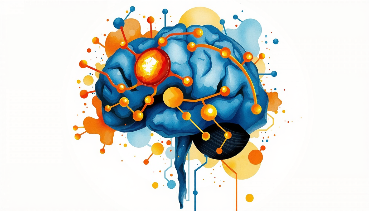 Abstract brain visualization with glowing neural pathways in indigo and gold.