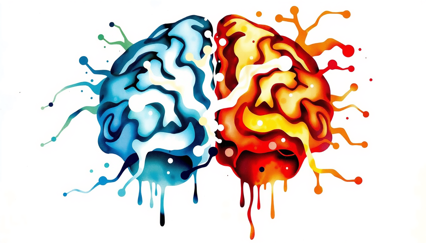Brain split in half: calm blue pathways vs. fragmented red trauma connections.
