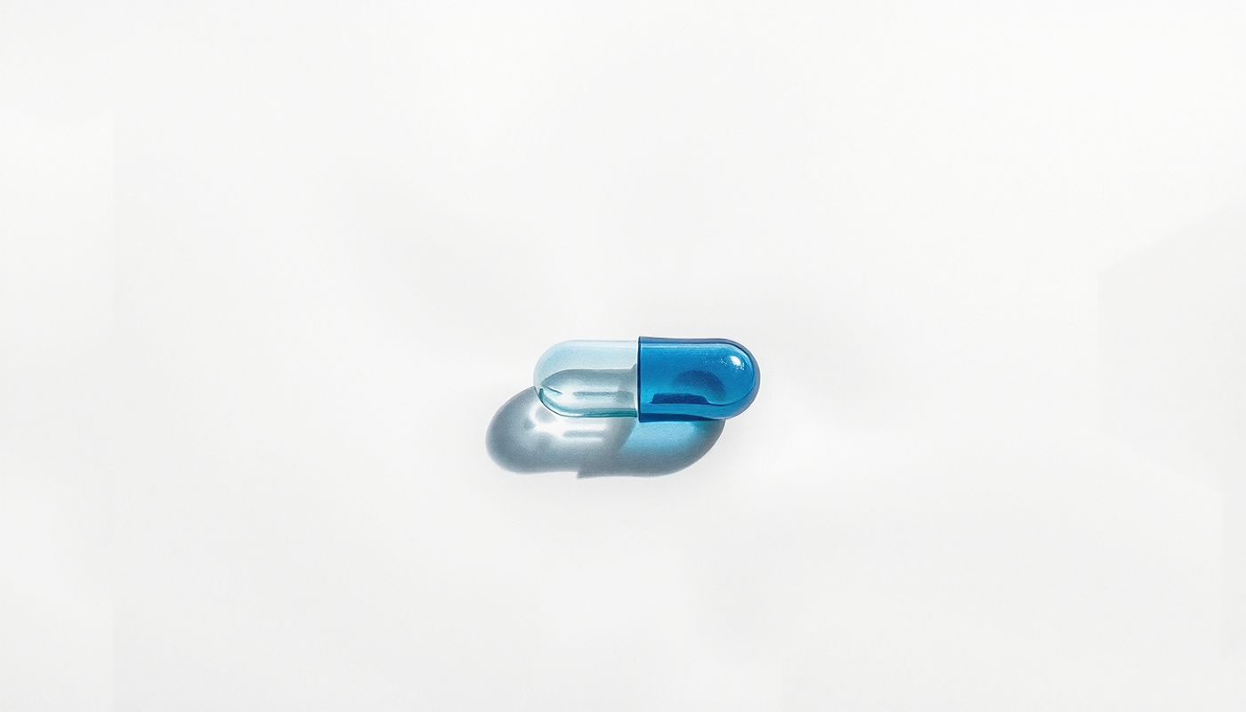 Translucent gelatin capsule on matte white paper with soft shadow.