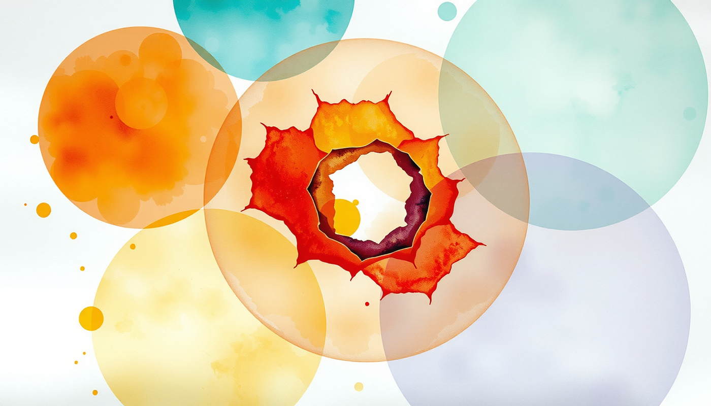 Translucent overlapping circles in teal, amber, violet, and pale green.
